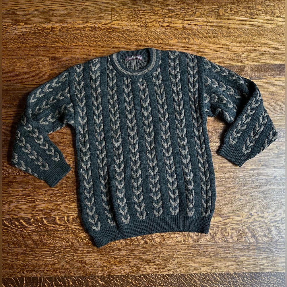 Charcoal Grandpa Sweater, Fishtail Knit Patterned Vintage Pullover